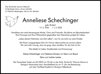 Traueranzeige von Anneliese Schechinger von Stuttgarter Zeitung / Stuttgarter Nachrichten