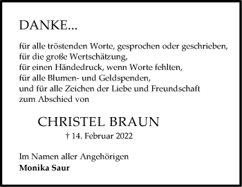 Traueranzeige von Christel Braun von Stuttgarter Zeitung / Stuttgarter Nachrichten