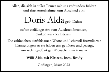 Traueranzeige von Doris Alda von Stuttgarter Zeitung / Stuttgarter Nachrichten