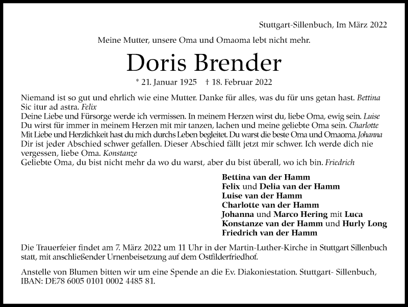  Traueranzeige für Doris Brender vom 05.03.2022 aus Stuttgarter Zeitung / Stuttgarter Nachrichten