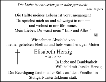 Traueranzeige von Elisabeth Herzig von Stuttgarter Zeitung / Stuttgarter Nachrichten