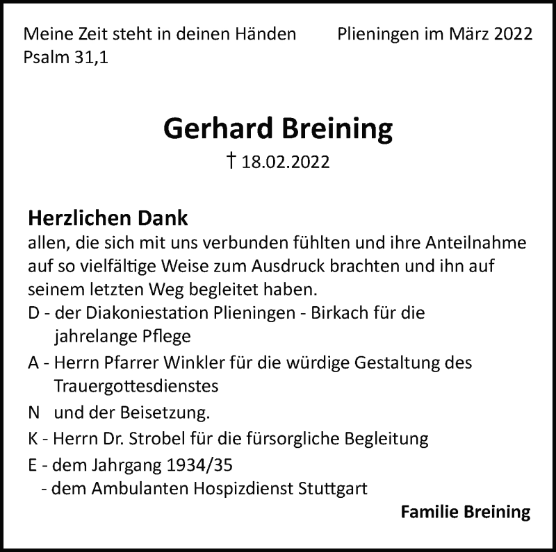  Traueranzeige für Gerhard Breining vom 15.03.2022 aus Stuttgarter Zeitung / Stuttgarter Nachrichten