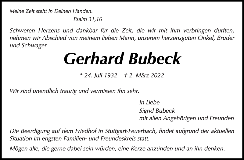  Traueranzeige für Gerhard Bubeck vom 05.03.2022 aus Stuttgarter Zeitung / Stuttgarter Nachrichten