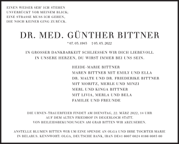 Traueranzeige von Günther Bittner von Stuttgarter Zeitung / Stuttgarter Nachrichten