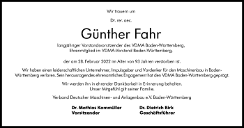 Traueranzeige von Günther Fahr von Stuttgarter Zeitung / Stuttgarter Nachrichten