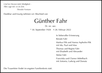 Traueranzeige von Günther Fahr von Stuttgarter Zeitung / Stuttgarter Nachrichten