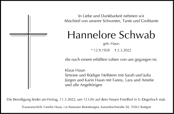 Traueranzeige von Hannelore Schwab von Stuttgarter Zeitung / Stuttgarter Nachrichten