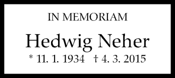 Traueranzeige von Hedwig Neher von Stuttgarter Zeitung / Stuttgarter Nachrichten