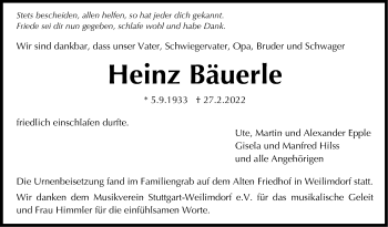 Traueranzeige von Heinz Bäuerle von Stuttgarter Zeitung / Stuttgarter Nachrichten