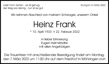 Traueranzeige von Heinz Frank von Stuttgarter Zeitung / Stuttgarter Nachrichten