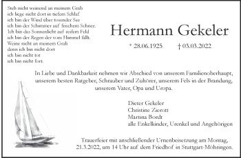 Traueranzeige von Hermann Gekeler von Stuttgarter Zeitung / Stuttgarter Nachrichten