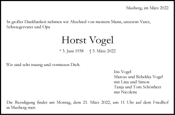 Traueranzeige von Horst Vogel von Stuttgarter Zeitung / Stuttgarter Nachrichten