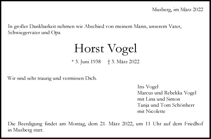  Traueranzeige für Horst Vogel vom 11.03.2022 aus Stuttgarter Zeitung / Stuttgarter Nachrichten