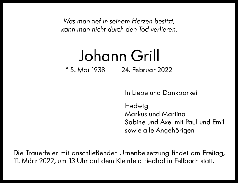  Traueranzeige für Johann Grill vom 05.03.2022 aus Stuttgarter Zeitung / Stuttgarter Nachrichten