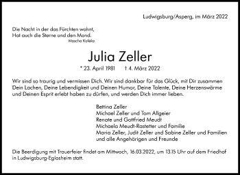 Traueranzeige von Julia Zeller von Stuttgarter Zeitung / Stuttgarter Nachrichten