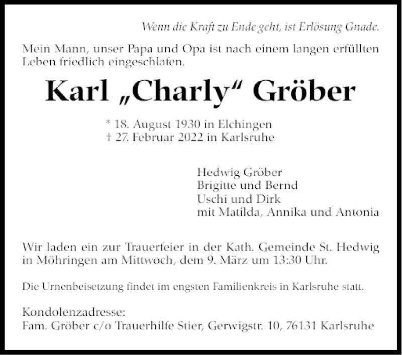  Traueranzeige für Karl Gröber vom 05.03.2022 aus Stuttgarter Zeitung / Stuttgarter Nachrichten