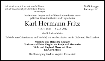 Traueranzeige von Karl Hermann Fritz von Stuttgarter Zeitung / Stuttgarter Nachrichten
