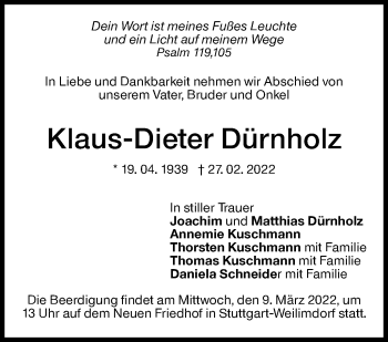 Traueranzeige von Klaus-Dieter Dürnholz von Stuttgarter Zeitung / Stuttgarter Nachrichten