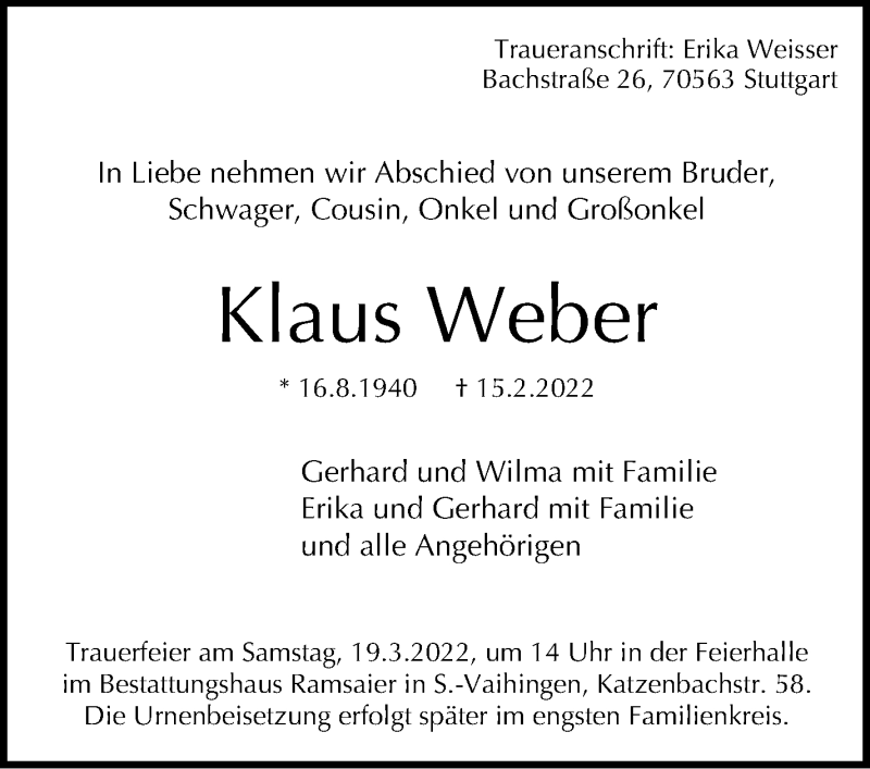  Traueranzeige für Klaus Weber vom 05.03.2022 aus Stuttgarter Zeitung / Stuttgarter Nachrichten