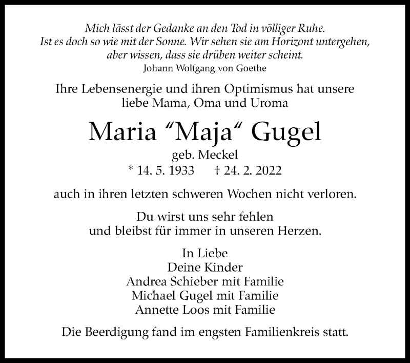  Traueranzeige für Maria Gugel vom 05.03.2022 aus Stuttgarter Zeitung / Stuttgarter Nachrichten