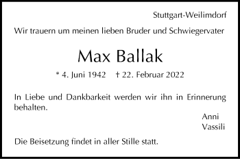 Traueranzeige von Max Ballak von Stuttgarter Zeitung / Stuttgarter Nachrichten