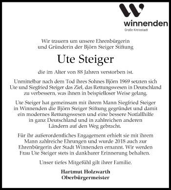 Traueranzeige von Ute Steiger von Stuttgarter Zeitung / Stuttgarter Nachrichten
