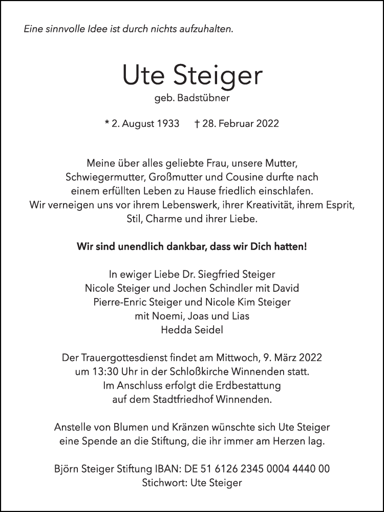  Traueranzeige für Ute Steiger vom 05.03.2022 aus Stuttgarter Zeitung / Stuttgarter Nachrichten