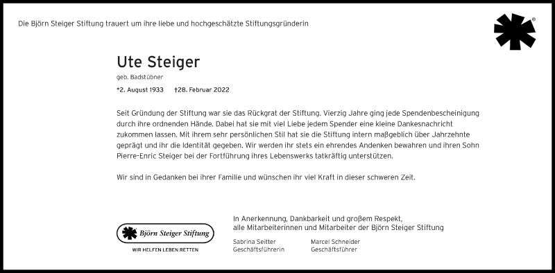  Traueranzeige für Ute Steiger vom 05.03.2022 aus Stuttgarter Zeitung / Stuttgarter Nachrichten