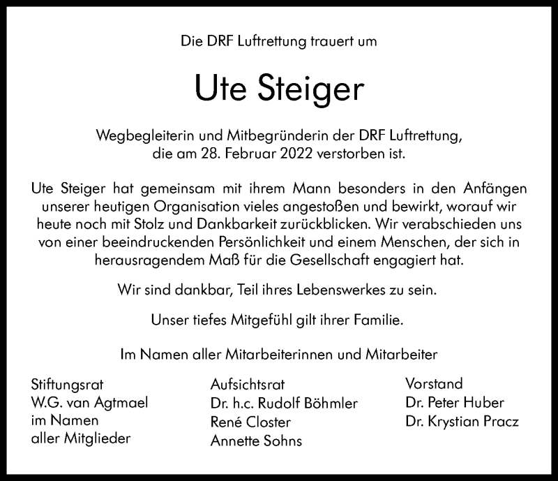  Traueranzeige für Ute Steiger vom 05.03.2022 aus Stuttgarter Zeitung / Stuttgarter Nachrichten