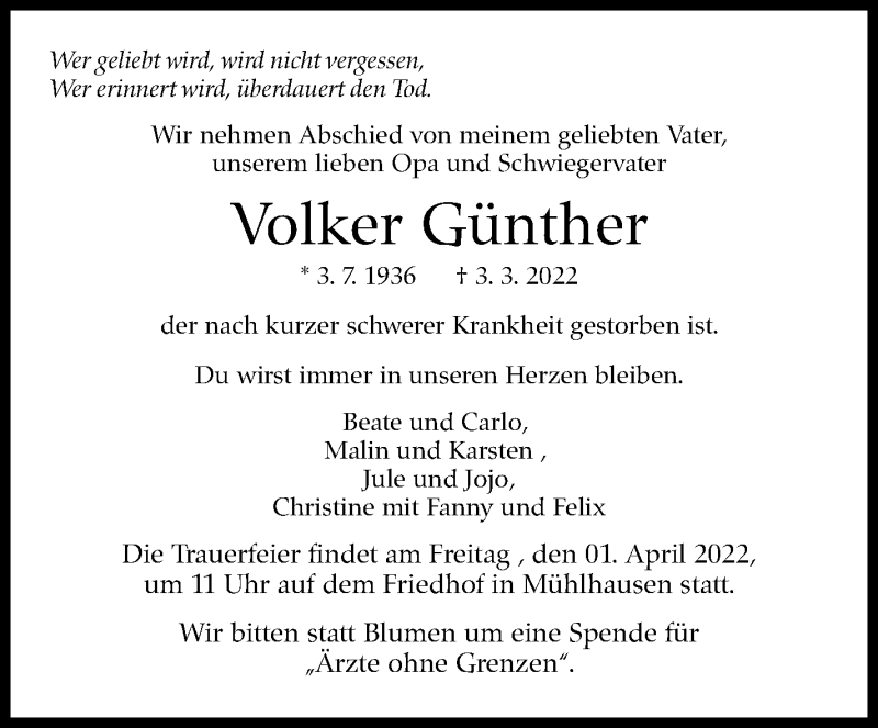  Traueranzeige für Volker Günther vom 26.03.2022 aus Stuttgarter Zeitung / Stuttgarter Nachrichten