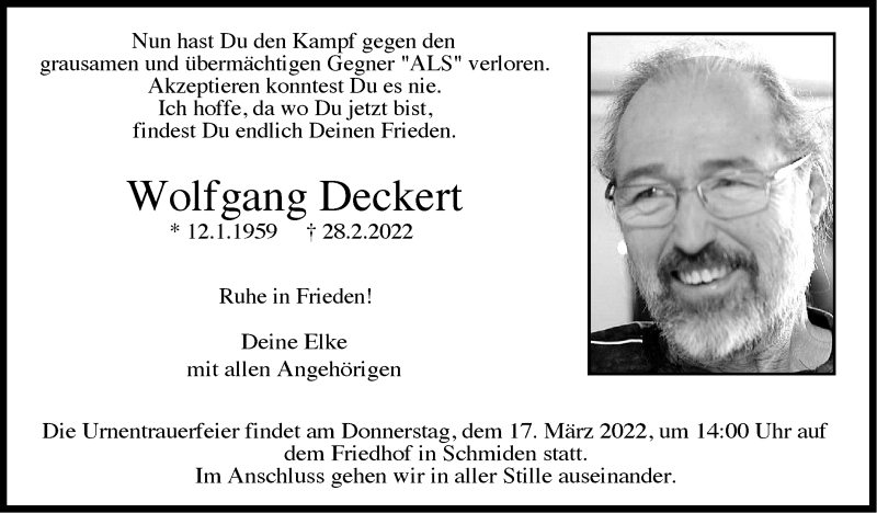  Traueranzeige für Wolfgang Deckert vom 12.03.2022 aus Stuttgarter Zeitung / Stuttgarter Nachrichten
