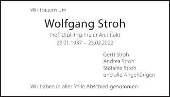 Traueranzeige von Wolfgang Stroh von Stuttgarter Zeitung / Stuttgarter Nachrichten