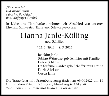 Traueranzeige von Hanna Janle-Kölling von Stuttgarter Zeitung / Stuttgarter Nachrichten