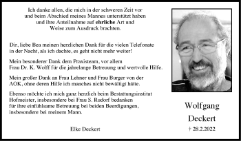 Traueranzeige von Wolfgang Deckert von Stuttgarter Zeitung / Stuttgarter Nachrichten