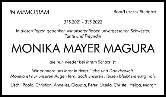 Traueranzeige von Monika Mayer Magura von Stuttgarter Zeitung / Stuttgarter Nachrichten