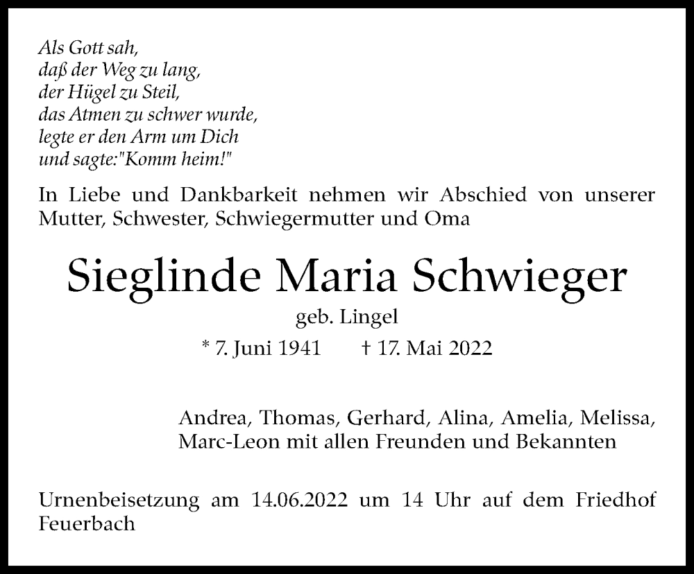  Traueranzeige für Sieglinde Maria Schwieger vom 09.06.2022 aus Stuttgarter Zeitung / Stuttgarter Nachrichten