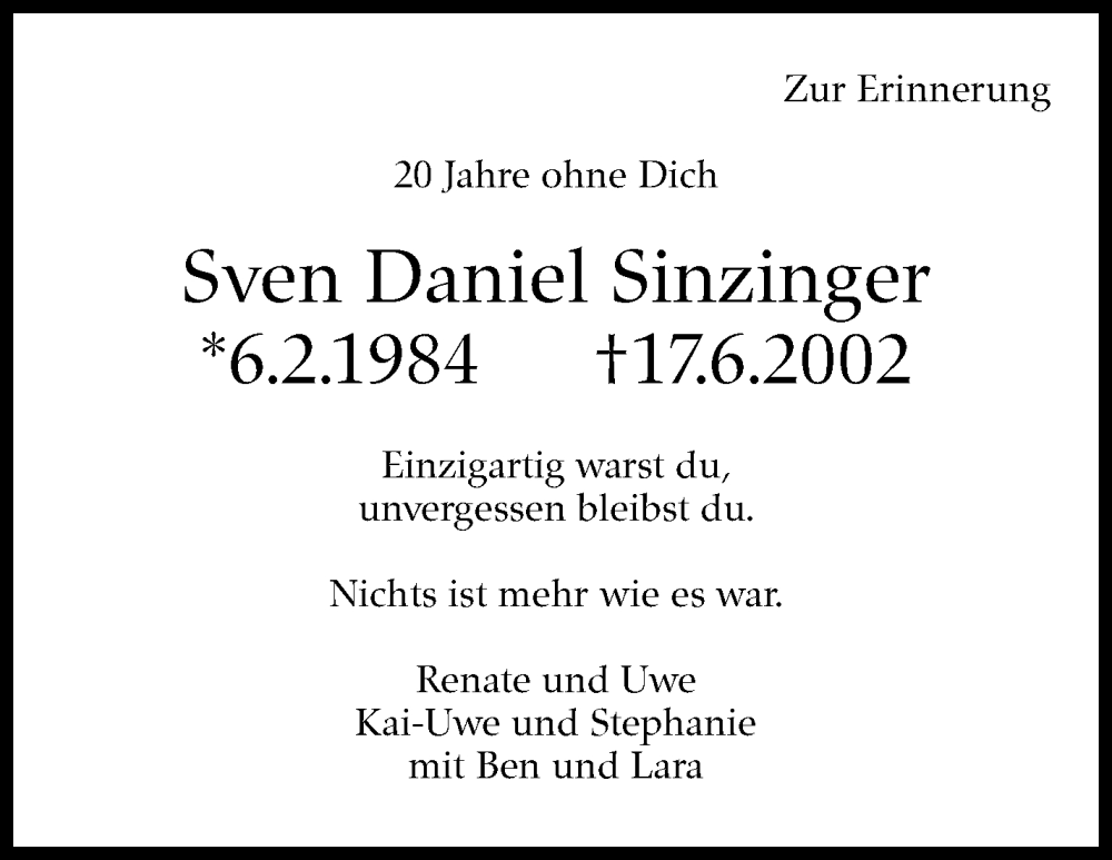  Traueranzeige für Sven Daniel Sinzinger vom 17.06.2022 aus Stuttgarter Zeitung / Stuttgarter Nachrichten