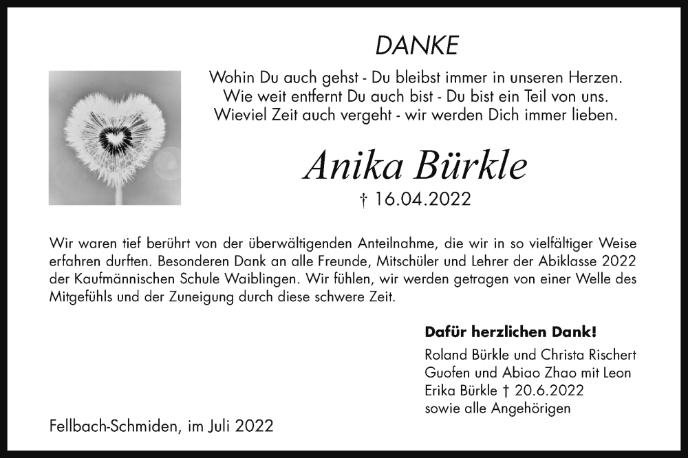  Traueranzeige für Anika Bürkle vom 05.07.2022 aus Stuttgarter Zeitung / Stuttgarter Nachrichten