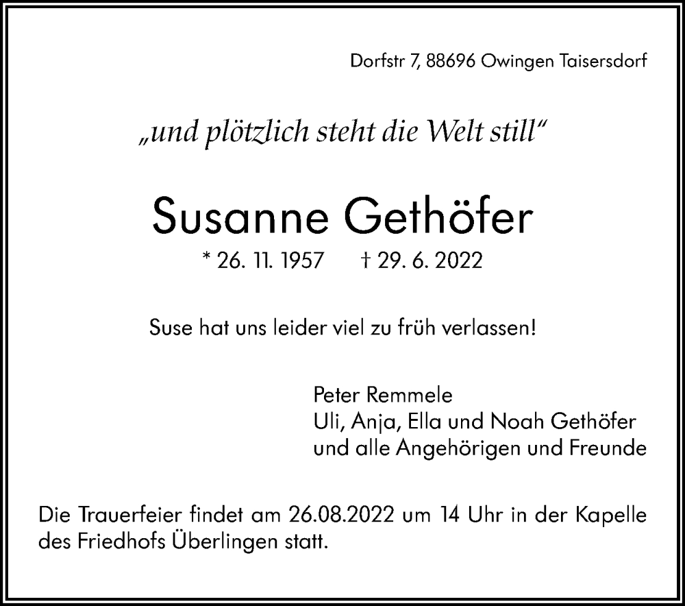  Traueranzeige für Susanne Gethöfer vom 13.08.2022 aus Stuttgarter Zeitung / Stuttgarter Nachrichten