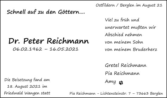 Traueranzeige von Dr. Peter Reichmann von Stuttgarter Zeitung