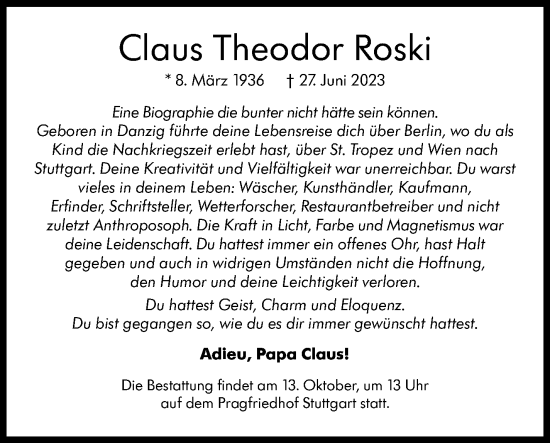 Traueranzeige von Claus Theodor Roski von Stuttgarter Zeitung / Stuttgarter Nachrichten