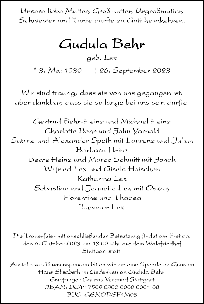  Traueranzeige für Gudula Behr vom 02.10.2023 aus Stuttgarter Zeitung / Stuttgarter Nachrichten