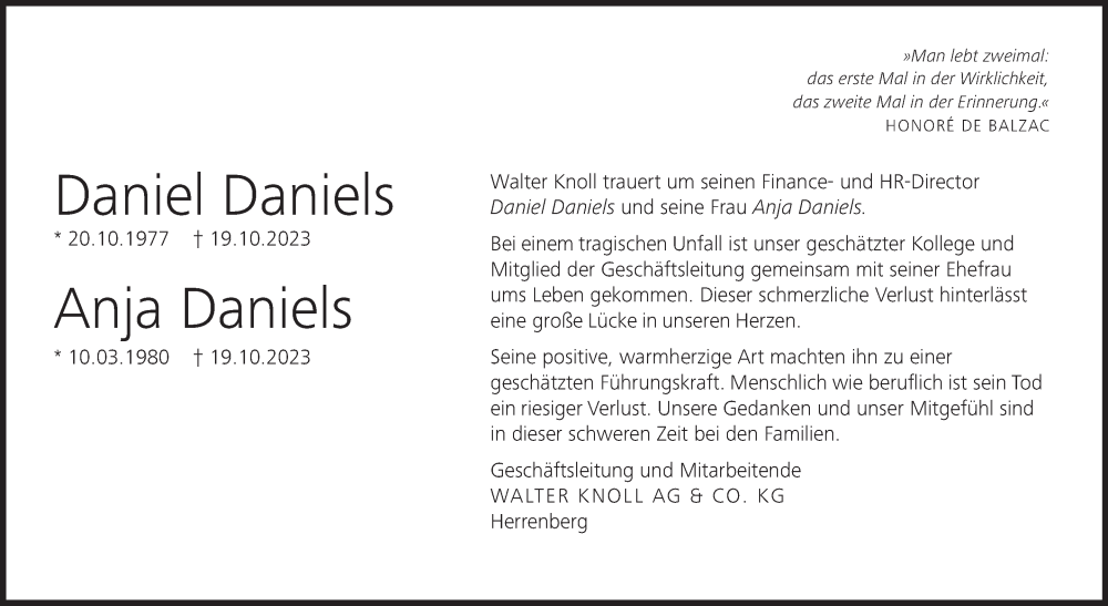  Traueranzeige für Anja und Daniel Daniels vom 15.11.2023 aus Stuttgarter Zeitung / Stuttgarter Nachrichten
