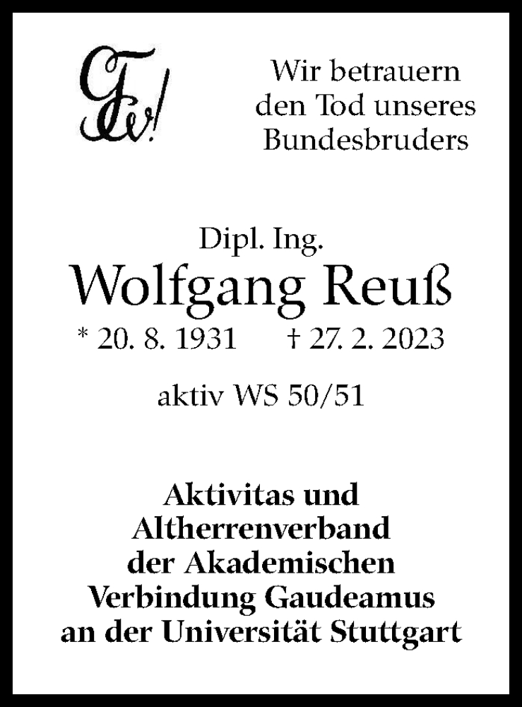  Traueranzeige für Wolfgang Reuß vom 25.11.2023 aus Stuttgarter Zeitung / Stuttgarter Nachrichten