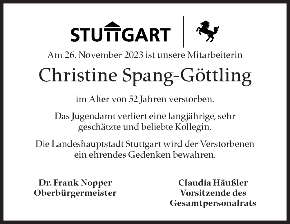  Traueranzeige für Christine Spang-Göttling vom 01.12.2023 aus Stuttgarter Zeitung / Stuttgarter Nachrichten