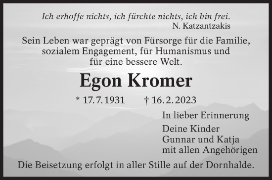 Traueranzeige von Egon Kromer von Stuttgarter Zeitung / Stuttgarter Nachrichten
