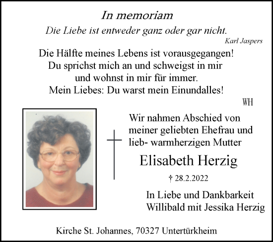 Traueranzeige von Elisabeth Herzig von Stuttgarter Zeitung / Stuttgarter Nachrichten