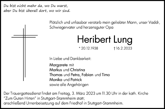 Traueranzeige von Heribert Lung von Stuttgarter Zeitung / Stuttgarter Nachrichten