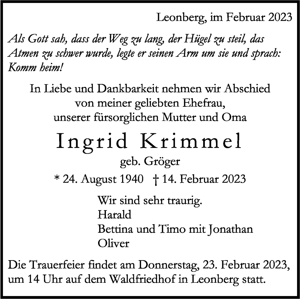  Traueranzeige für Ingrid Krimmel vom 18.02.2023 aus Stuttgarter Zeitung / Stuttgarter Nachrichten