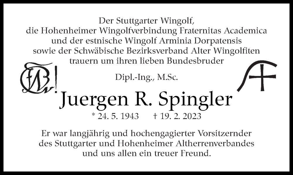 Traueranzeige für Juergen R. Spingler vom 27.02.2023 aus Stuttgarter Zeitung / Stuttgarter Nachrichten